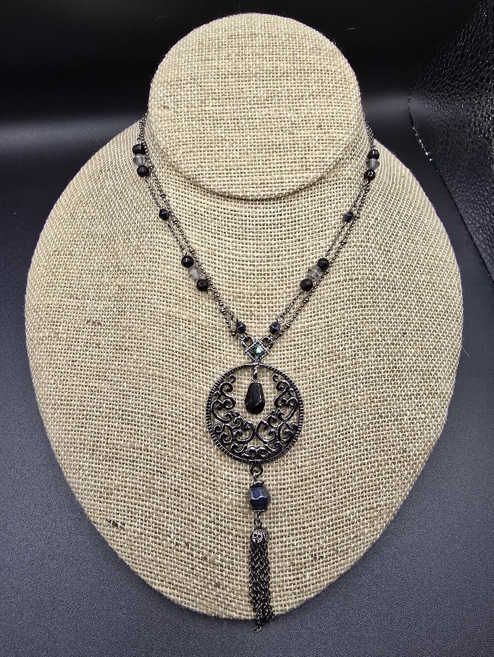 Cookie Lee Vintage Gothic Filigree Medallion Pendant Necklace - Black/Gunmetal